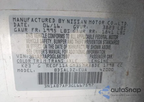 2016 Nissan Sentra Fe+ S/S/Sl/Sr/Sv z USA, uszkodzony, nr VIN 3N1AB7AP3GL667597